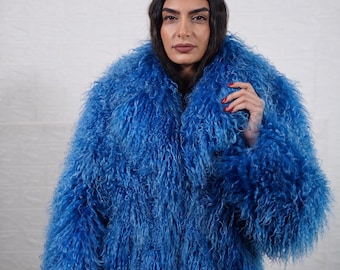 Mongolian sheepskin jacket blue fluffy wool hip length luxury winter women outfit