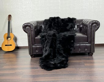 EXCLUSIVE DOUBLE SIDED Black Real Fox Fur Throw Blanket • Large fur Area Rug  • Genuine Fur Rug  • Ethically and Organic Farmed Fox Fur