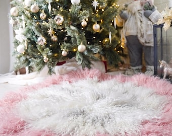 Mongolian sheepskin christmas tree skirt pink white fluffy luxury holiday decor