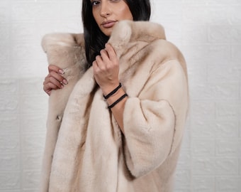 Women’s Beige Mink Fur Jacket with collar Handmade Real Fur Modern Elegant Winter Coat Gift