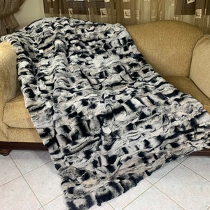 Real Rabbit Fur Blanket Throw Chinchilla Color Rex •  Personalized Handmade Fur Sofa Cover n Bedspread • Vintage Rabbit fur Throw Blanket