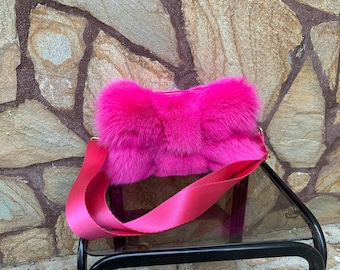 Real Fuchsia Fox Fur Bag • Luxury Genuine Fur Shoulder Bag • Gift for her • Vintage Fur Accessorie