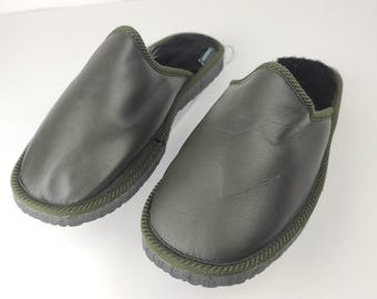 Fur Sheepskin Leather Slippers Brown for Men • Cozy Warm House Wool Slippers  •  Handmade genuine leather slippers