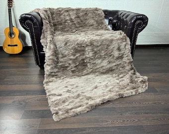 Real Rabbit Fur Blanket Throw Brown • Personalized Handmade Fur Sofa Cover n Bedspread • Vintage Rabbit fur Throw Blanket