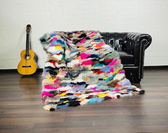 Real Colorful Fox Fur Throw • Personalized Genuine Fur Throw Rug • Housewarming Gift • Handmade Vintage Fur Throw for Living Room n Bedroom