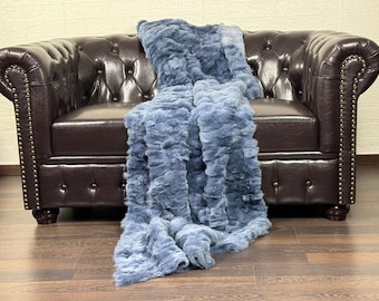 Real DOUBLE SIDED Rabbit Fur Blanket Throw Blue • Personalized Handmade Fur Sofa Cover n Bedspread • Vintage Rabbit fur Throw Blanket
