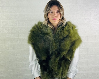 Green fox fur stole large, handmade warm fur collar scarf, elegant soft fur shawl for your special day