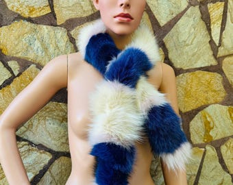 GORGEOUS Real Fox Fur Scarf Blue Beige – Cozy Winter Wrap – Luxurious, Sustainable Fashion Statement