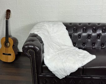 Real Rex Rabbit Pelt Fur Blanket Throw White • Personalized  Handmade Fur Sofa Cover n Bedspread • Vintage Rabbit fur Throw Blanket