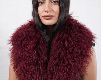 Mongolian sheepskin fur collar red burgundy fluffy wool wine neck warmer women