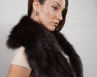 Dark brown fox fur collar scarf handmade warm fur stole elegant soft fur shawl