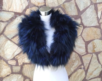 Luxurious detachable fox fur collar scarf blue, warm fluffy fur wrap, gorgeous soft fur stole, gift for her, ethically farmed fox fur