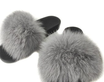 Fur slides, fur slides for women, fox fur slides, Fur Slippers FREE Gift