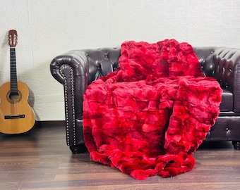 Luxurious Rex Rabbit Fur Blanket Throw Red  •  Personalized  Handmade Fur Sofa Cover n Bedspread • Vintage Rabbit fur Throw Blanket