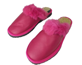 Fur Sheepskin Leather Slippers Fuchsia for Women • Cozy Warm House Wool Slippers  •  Handmade genuine leather slippers