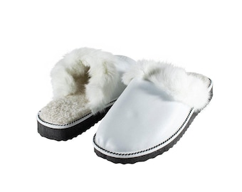 Fur Sheepskin Leather Slippers White for Women • Cozy Warm House Wool Slippers  •  Handmade genuine leather slippers