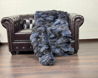 Gorgeous DOUBLE SIDED Real Blue Black FOX fur Blanket • Personalized Fox Fur Blanket • Ethically and Organic Farmed Fox• Scandinavian Decor