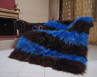 Mongolian sheepskin throw blanket brown blue stripes fluffy wool luxury sofa accent