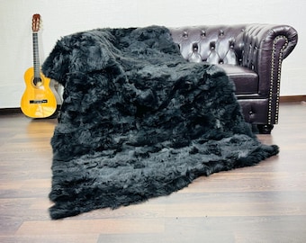 EXCLUSIVE Real SHEEPSKIN FUR Throw  Blanket Fluffy Black • Large Area Rug  • Ethically and Organically Wool Rug