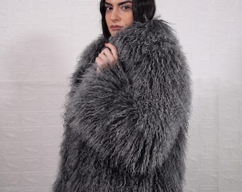 Mongolian sheepskin jacket gray fluffy wool hip length luxury winter women gift