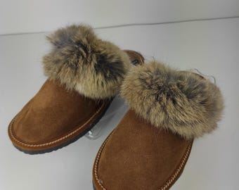 Fur Sheepskin Leather Slippers Brown for Women • Cozy Warm House Wool Slippers  •  Handmade genuine leather slippers
