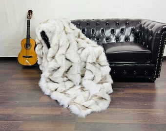Real DOUBLE SIDED Natural Fox Fur Throw • Personalized Genuine Fur Throw Rug • Handmade Vintage Fur Throw for Living Room n Bedroom