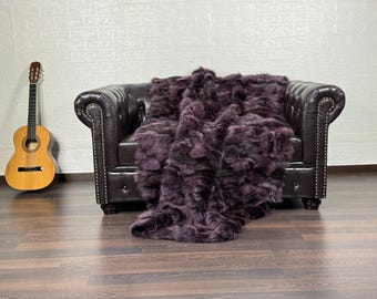 Luxurious DOUBLE SIDED Real FOX Fur Blanket Throw Black Purple- Personalized Handcrafted Warmth for Home Decor - Organically Farmed Fox Fur