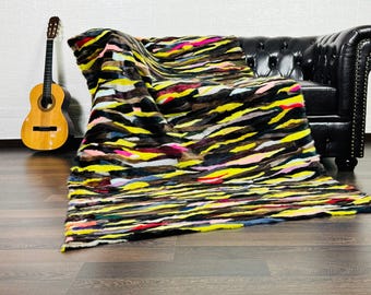 Real Colorful Mink Fur Throw 47x88 in • Personalized Genuine Fur Throw Rug • Handmade Vintage Fur Throw for Living Room n Bedroom