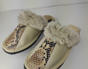 Fur Sheepskin Leather Slippers Beige for Women • Cozy Warm House Wool Slippers  •  Handmade genuine leather slippers