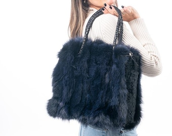 Fur bags, fur shoulder bag , blue fur bag