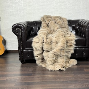 Beige fox fur throw blanket luxury real fur rug for bed or couch