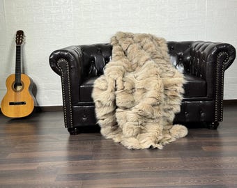 Beige fox fur throw blanket luxury real fur rug for bed or couch