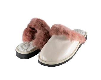 Fur Sheepskin Leather Slippers Powder for Women • Cozy Warm House Wool Slippers  •  Handmade genuine leather slippers