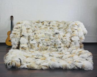DOUBLE SIDED Natural GOLDEN Fox Fur Throw • Personalized Genuine Fur Rug • Housewarming Gift • Handmade Vintage Fur Throw for Living Room