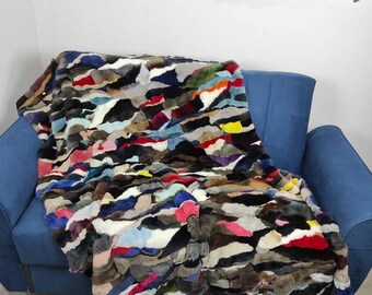 Real Colorful Rex Rabbit Fur Blanket Throw • Personalized Housewarming Gift Sofa Cover n Bedspread •  Handmade Genuine Fur