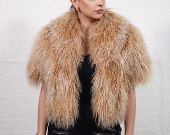 Mongolian sheepskin etol collar camel brown fluffy wool oversized winter shawl women