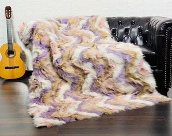 Luxury DOUBLE SIDED Real FOX Fur Throw Blanket Colorful • Large Area Rug  • Genuine Fur Rug  • Ethically and Organic Farmed Fox Fur
