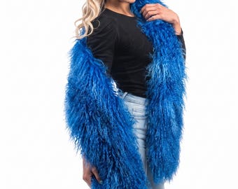 Mongolian sheepskin wool scarf blue extra long fluffy luxury winter wrap women
