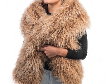 Mongolian sheepskin wool scarf light brown extra long fluffy luxury winter wrap