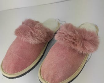 Fur Sheepskin Leather Slippers Baby Pink for Women • Cozy Warm House Wool Slippers  •  Handmade genuine leather slippers