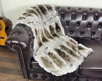 Real DOUBLE SIDED Gray Brown Full Skin Rex Rabbit Fur Blanket Throw • Handmade Fur Sofa Cover n Bedspread • Vintage Rabbit fur Throw Blanket