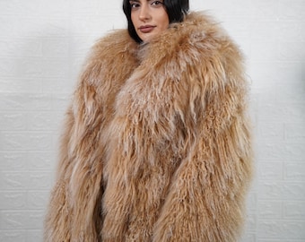 Luxurious Real Mongolian sheepskin camel brown fur jacket coat fluffy full skin handmade luxury real fur women fashion ethical and organic