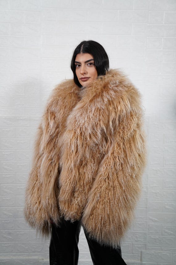 Luxurious Real Mongolian sheepskin camel brown fur jacket coat fluffy full skin handmade luxury real fur women fashion ethical and organic