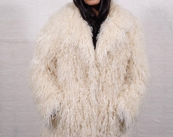 Mongolian sheepskin wool coat cream beige long knee length heavy fluffy overcoat