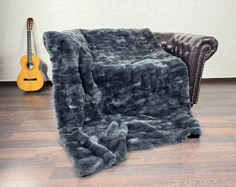 Real Rabbit Fur Blanket Throw Gray • Personalized Handmade Fur Sofa Cover n Bedspread • Vintage Rabbit fur Throw Blanket
