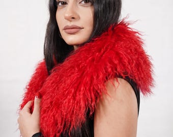 Mongolian sheepskin fur collar red fluffy wool luxury winter accessory women