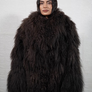 Dark Brown Mongolian Sheepskin Fluffy Jacket Coat Full Skin Displayed On Hanger Real Fur