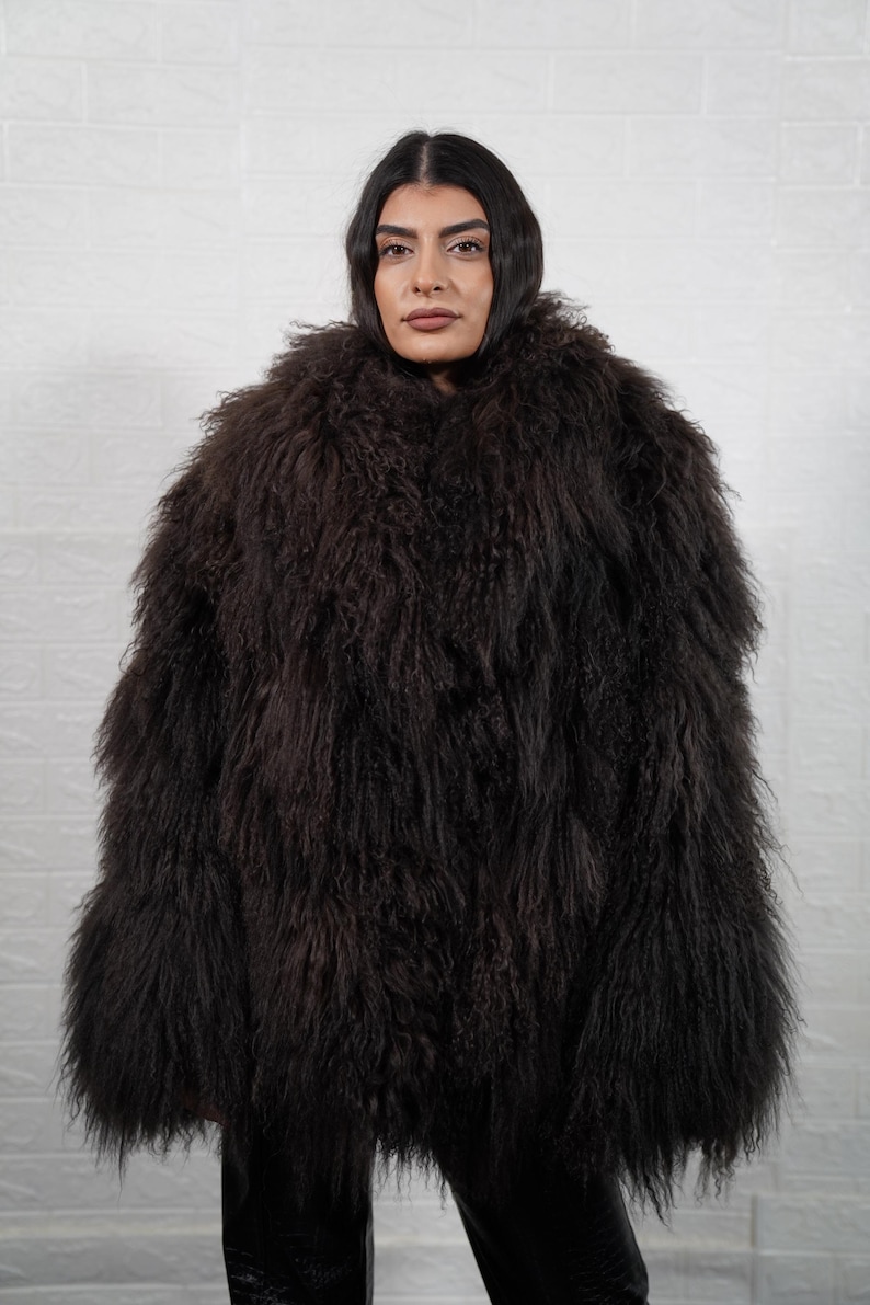 Dark Brown Mongolian Sheepskin Fluffy Jacket Coat Full Skin Displayed On Hanger Real Fur