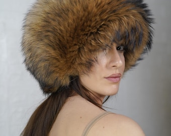 GORGEOUS Real Fin Raccoon Fur Hat Natural Color - Handcrafted Elegance for Winter Chic - Ethically and Organically Farmed Raccoon fur