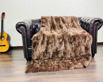 Luxurious Rex Rabbit Fur Blanket Throw Brown •  Personalized  Handmade Fur Sofa Cover n Bedspread • Vintage Rabbit fur Throw Blanket